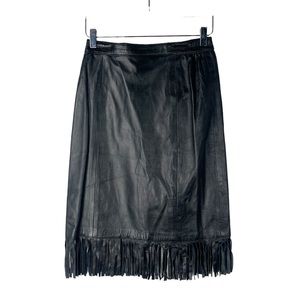 Vintage 80s Western Leather Midi Skirt High Rise Black Fringe Size 26 Back Split